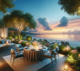 serene beachside setting with a luxurious outdoor dining area, elegantly set tables, and a panoramic view of the ocean at sunset. The scene should